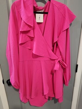 Bright Pink Wrap Romper with Ruffle Detail